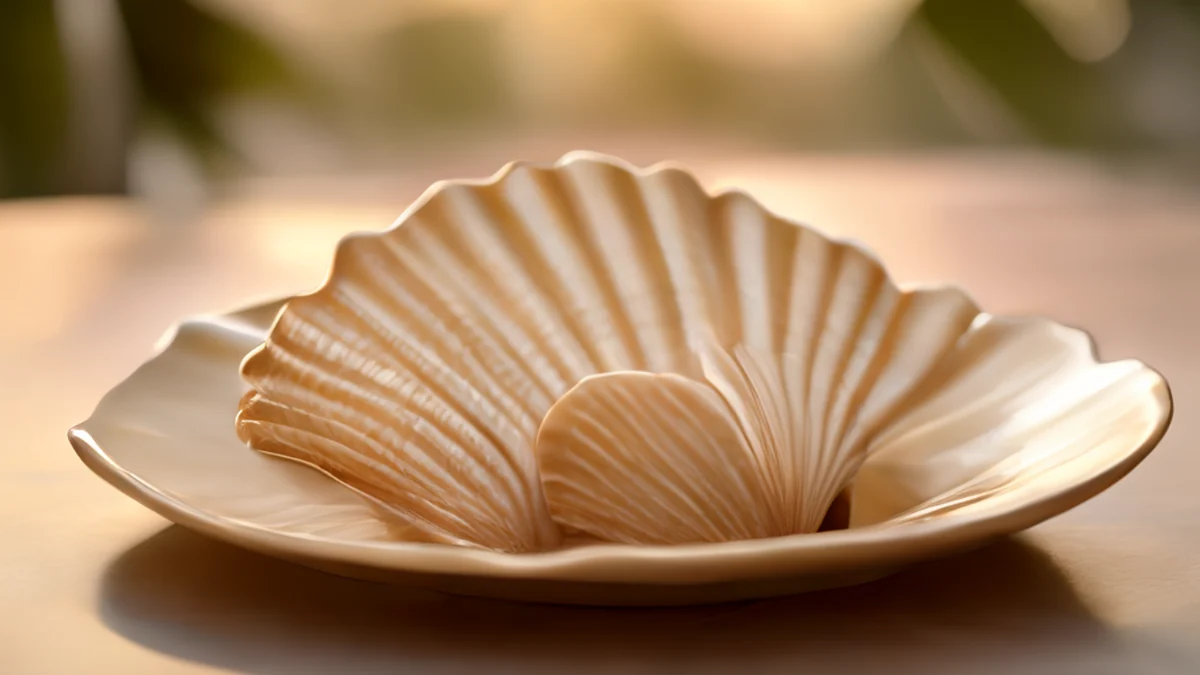 Un plateau décoratif avec des coquillages tropicaux.