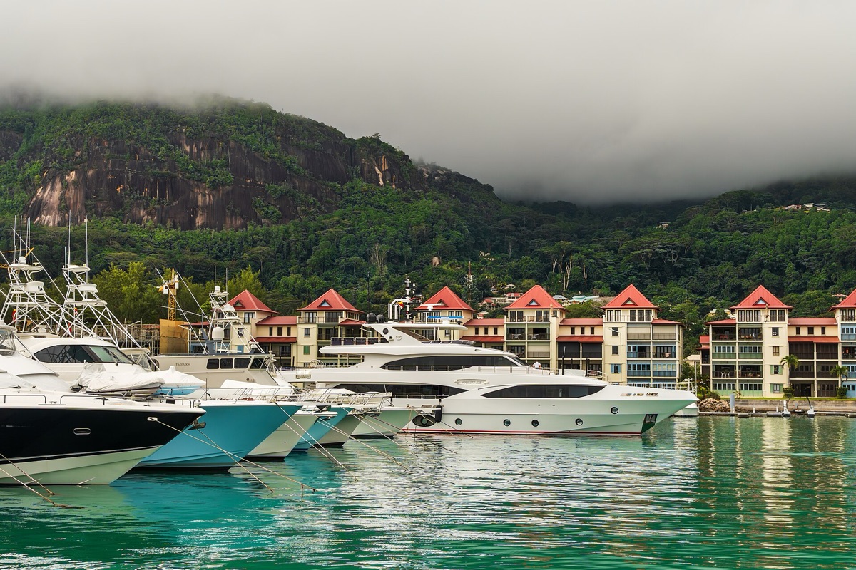 Seychelles island boat in turquoise waters