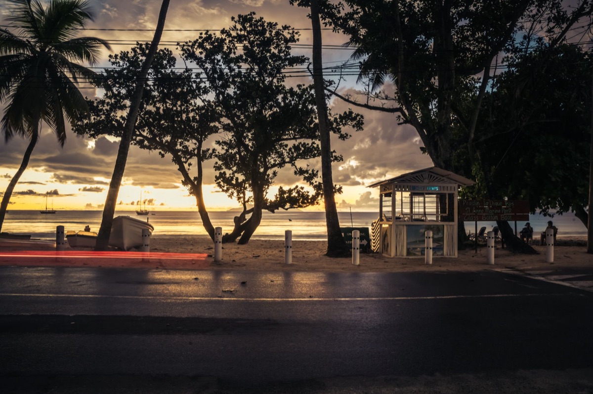 Seychelles rental car at a beachside parking lot