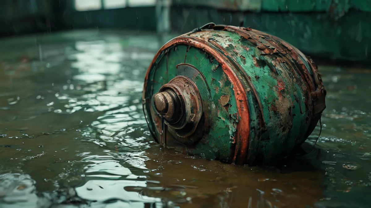 Un generatore difettoso sospeso nell'acqua, metallo rugginoso, vernice verde che si stacca, superficie inquinata, luce dolce della finestra, obiettivo 50mm, profondità di campo sottile, fotorealistico, focus netto, dettagli alti