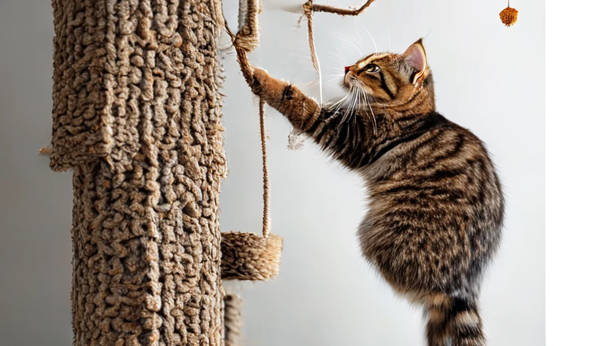 A cat climbing a tree with a perch.