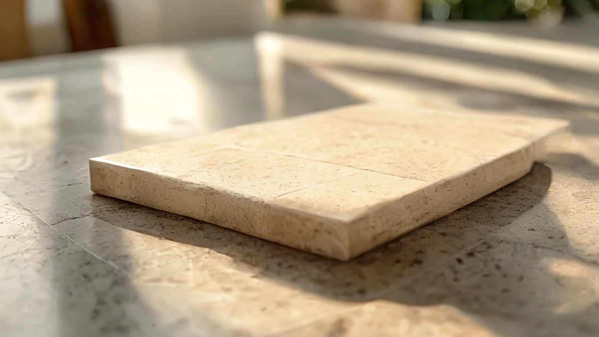 Tijolo Balear, begejo areia, forma rectangular geométrica, superfície lisa, apoiado em uma mesa de concreto, luz lateral quente, profundidade de campo suave, fotorealista, foco afiado, detalhes altos